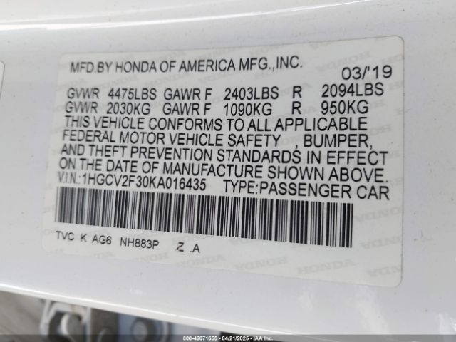 1HGCV2F30KA016435 Honda k20c4