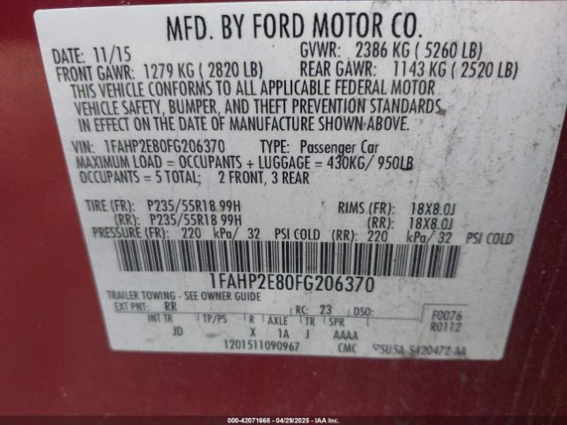 1FAHP2E80FG206370 Ford TAURUS SEL