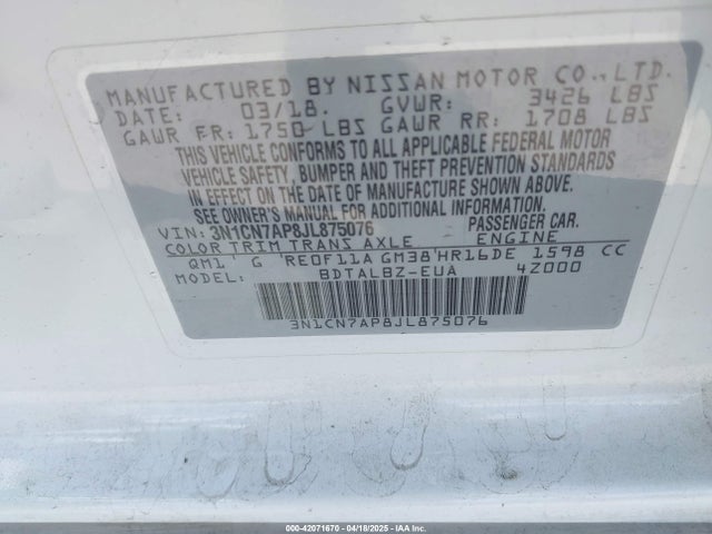 3N1CN7AP8JL875076 Nissan Versa 1.6 Sv