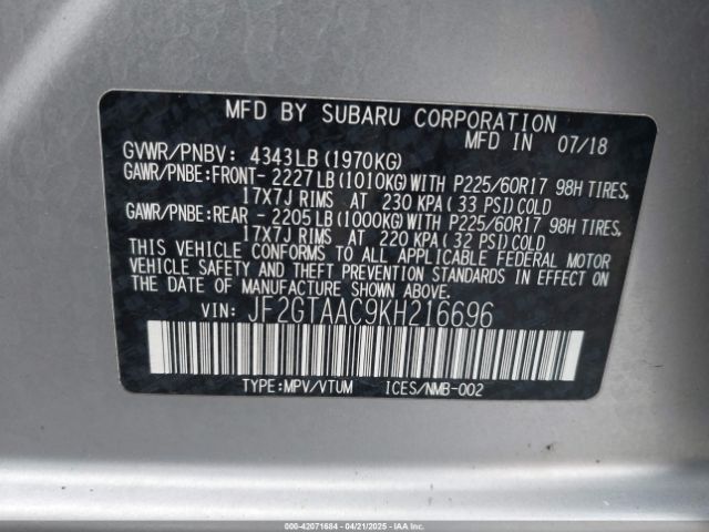 JF2GTAAC9KH216696 Subaru Crosstrek 2.0i