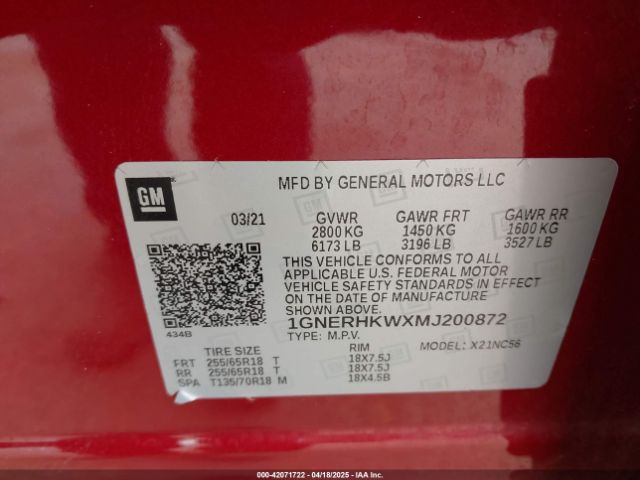 1GNERHKWXMJ200872 Chevrolet Traverse Fwd Lt Leather