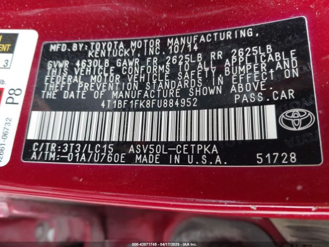 4T1BF1FK8FU884952 Toyota 2ar-fe