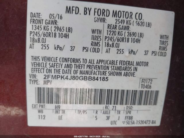 2FMPK4J80GBB84185 Ford EDGE SEL