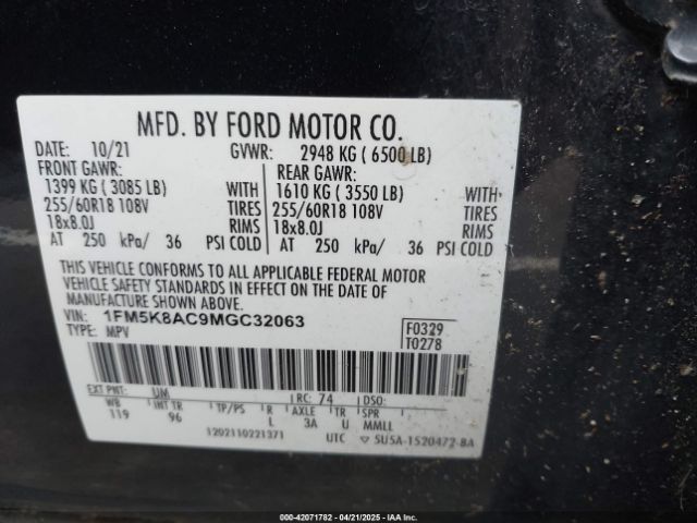 1FM5K8AC9MGC32063 Ford Police Interceptor