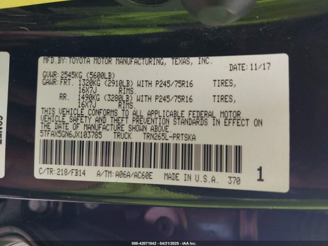 5TFAX5GN6JX103785 Toyota Tacoma Sr