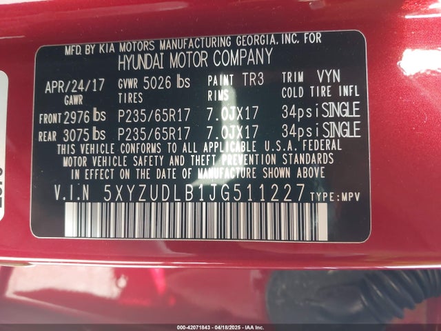 5XYZUDLB1JG511227 Hyundai gdi theta ii