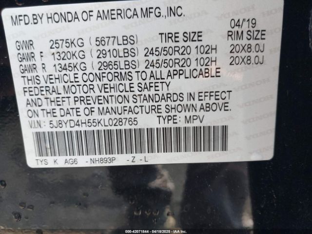 5J8YD4H55KL028765 Acura Mdx Tech Pkg