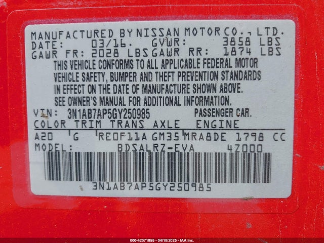 3N1AB7AP5GY250985 Nissan SENTRA SR