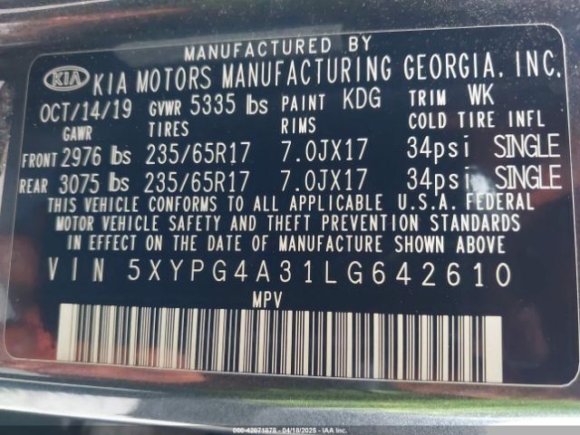 5XYPG4A31LG642610 KIA Sorento 2.4l Lx