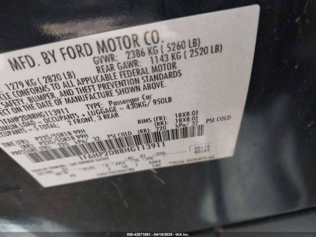1FAHP2D88HG113911 Ford TAURUS SE