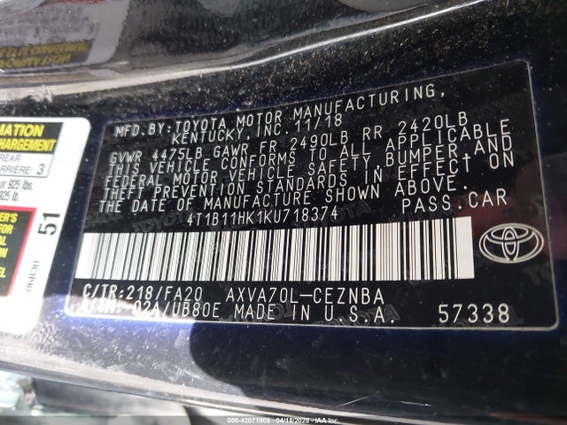 4T1B11HK1KU718374 Toyota CAMRY LE