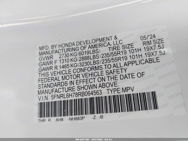 5FNRL6H78RB064563 Honda Odyssey Sport
