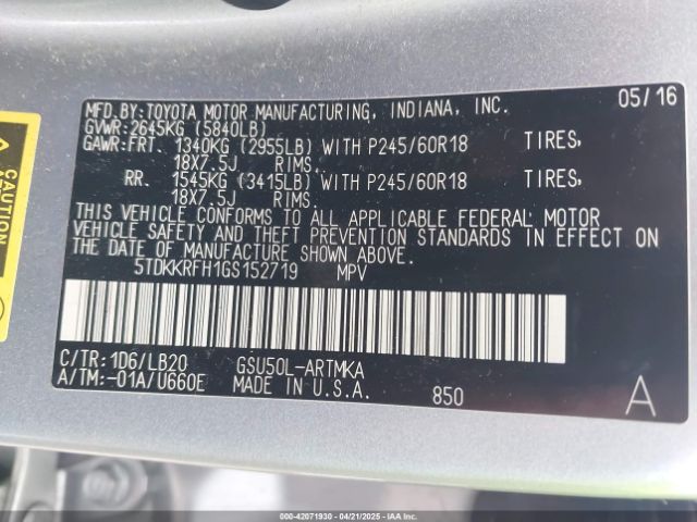 5TDKKRFH1GS152719 Toyota Highlander Xle V6