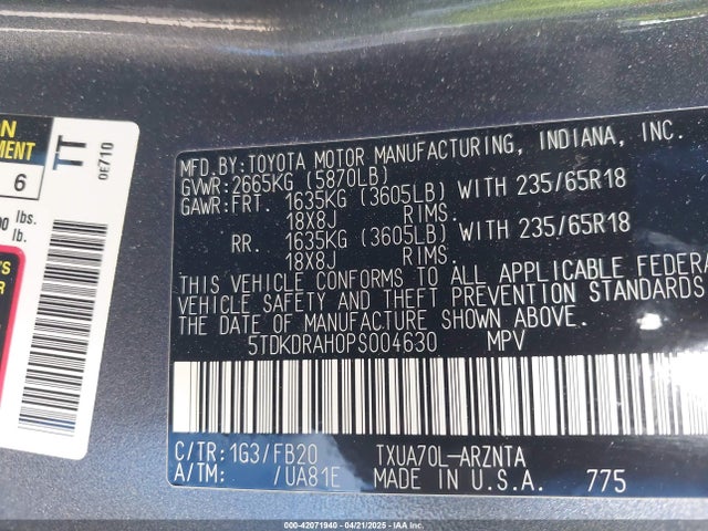 5TDKDRAH0PS004630 Toyota Highlander L
