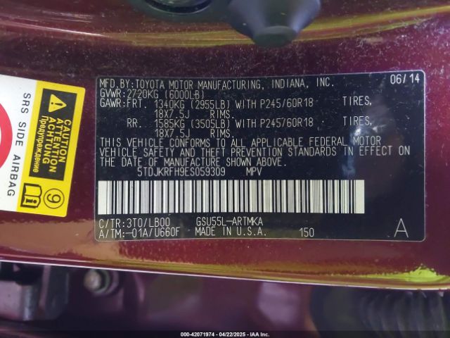 5TDJKRFH9ES059309 Toyota Highlander Xle V6
