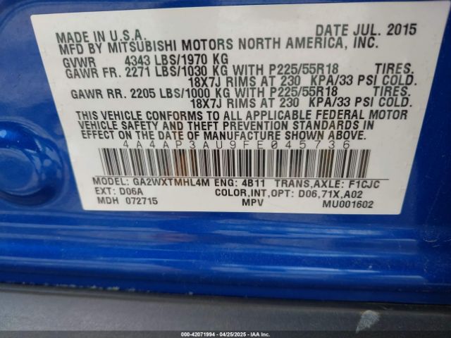 4A4AP3AU9FE045736 Mitsubishi Outlander Sport Es