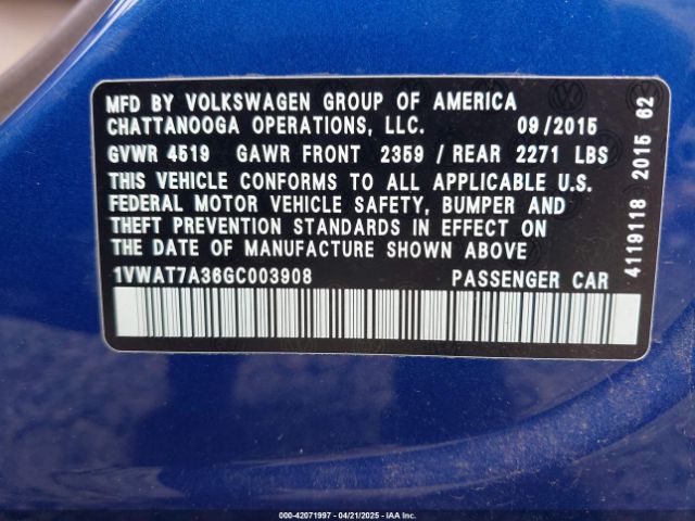 1VWAT7A36GC003908 Volkswagen Passat 1.8t S