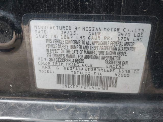 3N1CE2CP2FL416925 Nissan Versa Note S (sr)/s Plus/sl/sr/sv