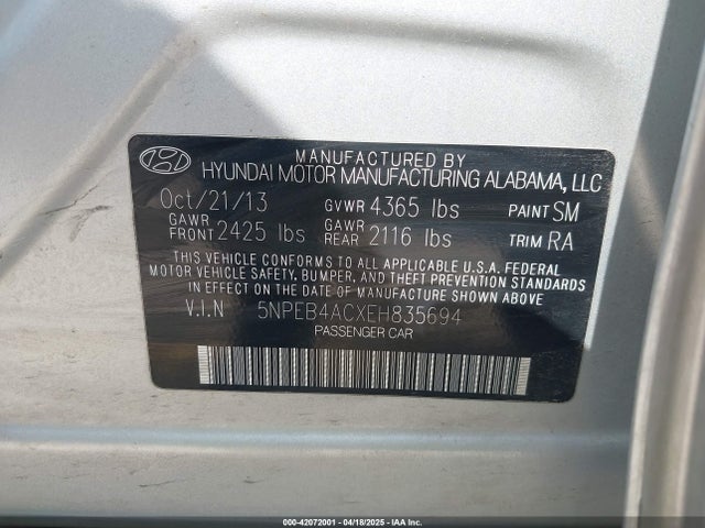 5NPEB4ACXEH835694 Hyundai SONATA GLS