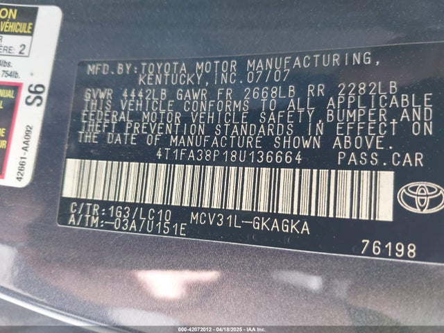 Aukcja sprzedaży 2008 Toyota Camry Solara Sle, vin: 4T1FA38P18U136664, numer aukcji: 42072012
