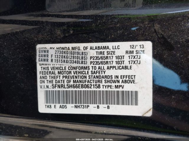 5FNRL5H66EB062158 Honda Odyssey Ex-l