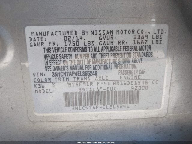 3N1CN7AP4EL865246 Nissan Versa 1.6 S