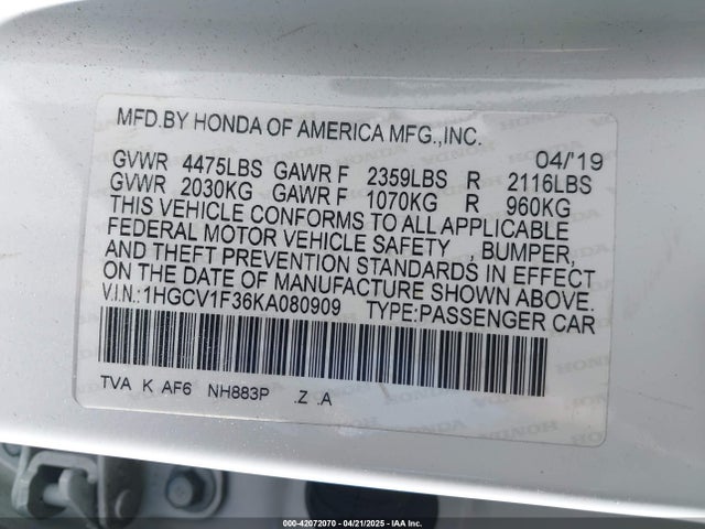 1HGCV1F36KA080909 Honda Accord Sport