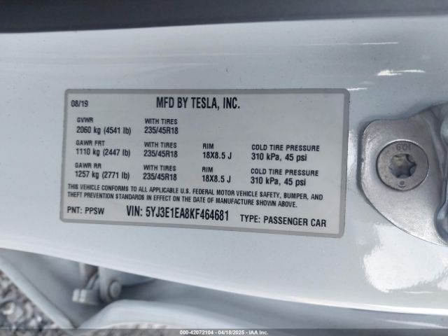 5YJ3E1EA8KF464681 Tesla Model 3 Long Range/mid Range/standard Range/standard Range Plus