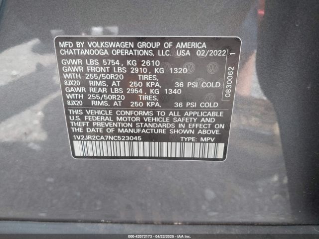 2022 VOLKSWAGEN ATLAS 1V2JR2CA7NC523045 Photo 8