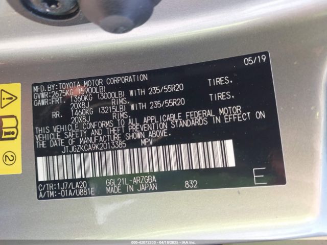 JTJGZKCA9K2013385 Lexus Rx 350l Luxury