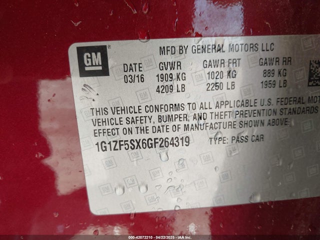 1G1ZF5SX6GF264319 Chevrolet MALIBU 2LT