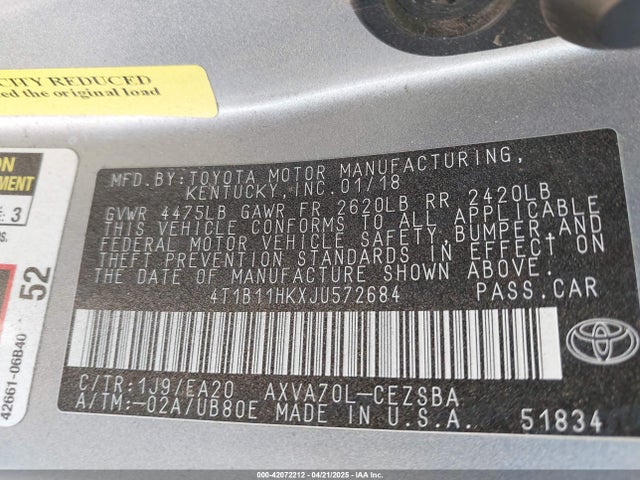 4T1B11HKXJU572684 Toyota CAMRY SE