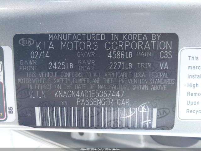 KNAGN4AD1E5067447 KIA Optima Hybrid Ex
