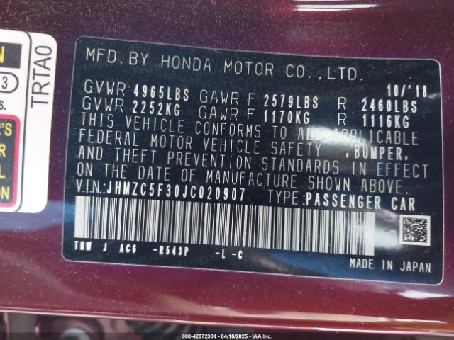 JHMZC5F30JC020907 Honda Clarity Plug-in Hybrid Touring