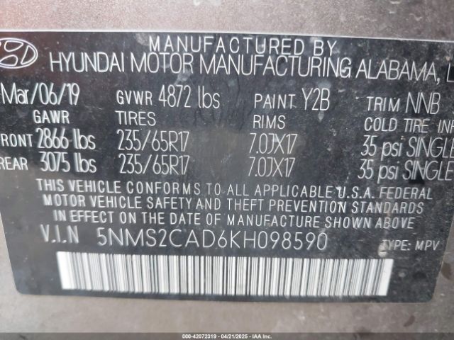 5NMS2CAD6KH098590 Hyundai Santa Fe Se