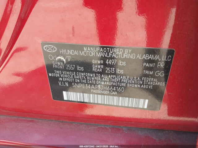 5NPE34AF3JH664160 Hyundai SONATA SEL