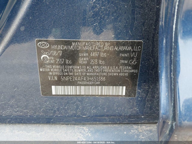 5NPE24AF4JH651386 Hyundai SONATA SE