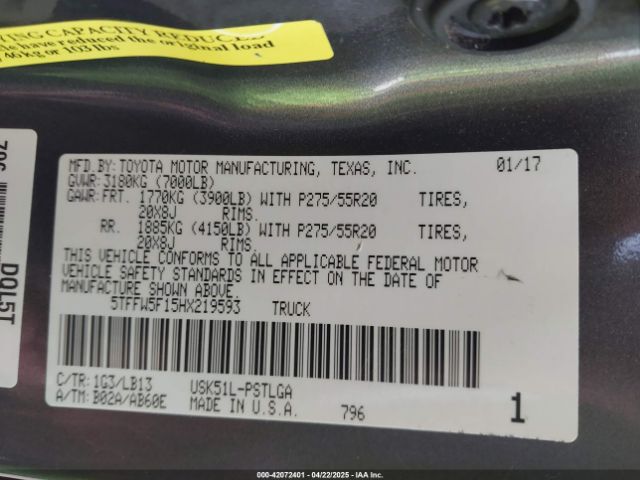 5TFFW5F15HX219593 Toyota Tundra Limited 5.7l V8