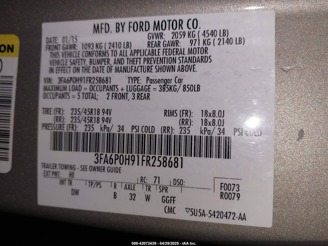 Ford FUSION SE 2015 3FA6P0H91FR258681 Image 9