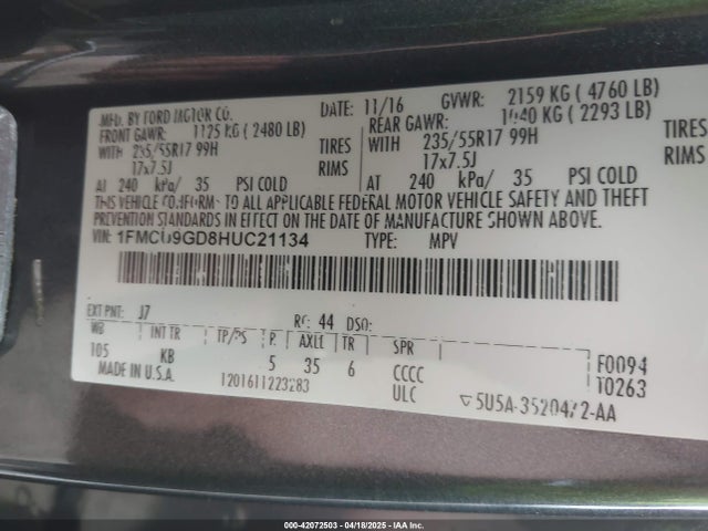Ford ESCAPE SE 2017 1FMCU9GD8HUC21134 Image 9