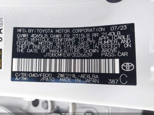 JTDBCMFEXP3026639 Toyota Corolla Hybrid Le