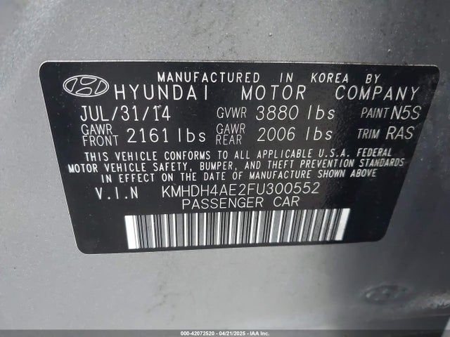 KMHDH4AE2FU300552 Hyundai ELANTRA SE