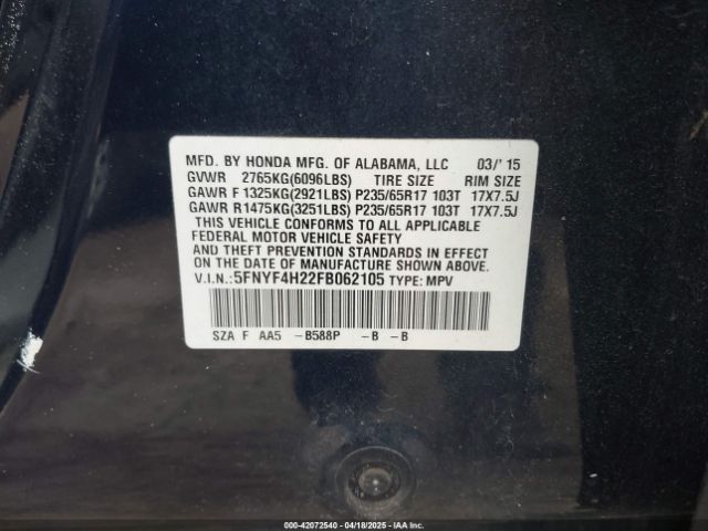 5FNYF4H22FB062105 Honda PILOT LX