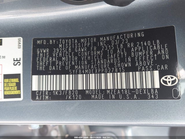 5YFB4MDEXPP027815 Toyota COROLLA LE