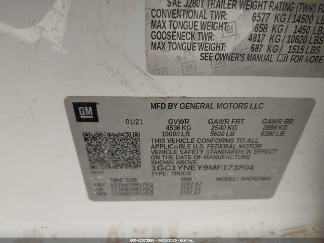 1GC1YNEY9MF173804 Chevrolet Silverado 2500hd 4wd  Long Bed Lt