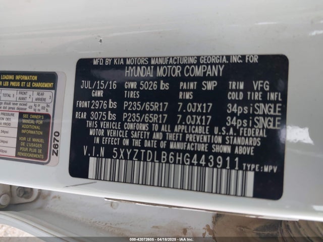 5XYZTDLB6HG443911 Hyundai gdi theta ii