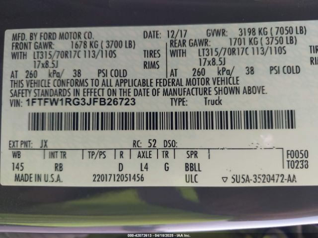 1FTFW1RG3JFB26723 Ford F-150 Raptor