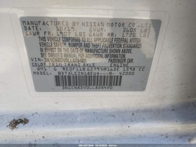 3N1CN8DV0LL828420 Nissan Versa S Xtronic Cvt