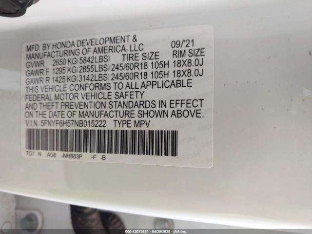 5FNYF6H57NB015222 Honda Pilot Awd Ex-l
