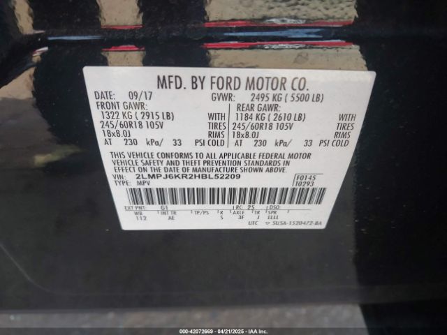 2LMPJ6KR2HBL52209 Lincoln Mkx Select